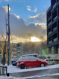 Street and buildings in city during winter