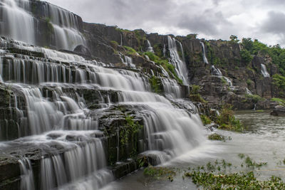 Scenic view of waterfall against sky