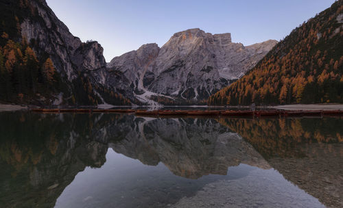 Reflection of mountain in lake against clear sky