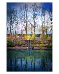 Reflection of bare trees in lake against sky