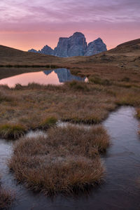 Scenic view of lake against sky during sunset