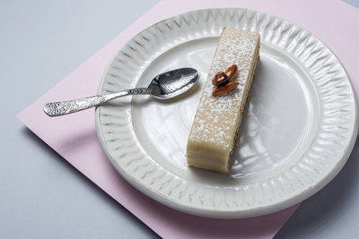 High angle view of cake in plate on table