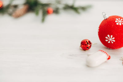 Close-up of christmas decorations on table