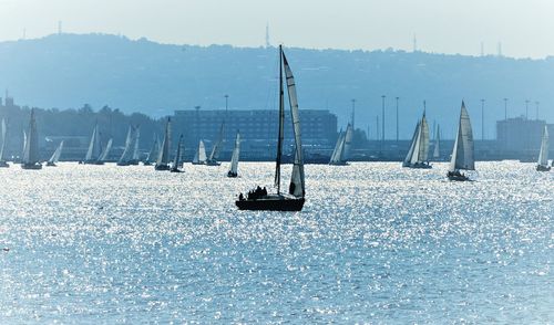 Sailboats sailing on sea against sky