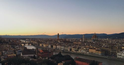 High angle view of cityscape against sky during sunset