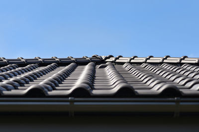 Low angle view of roof against clear blue sky