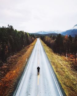 High angle view of man walking on road amidst trees against sky