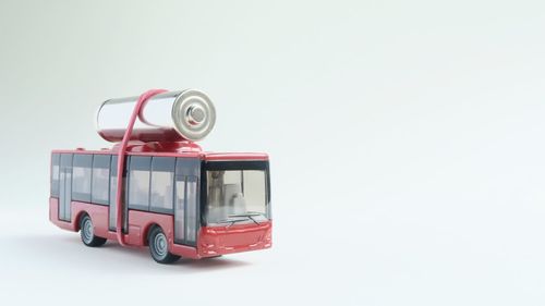 Close-up of toy car against white background