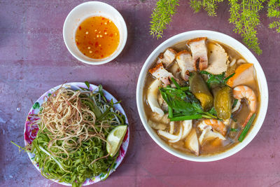 High angle view of soup in bowl on table