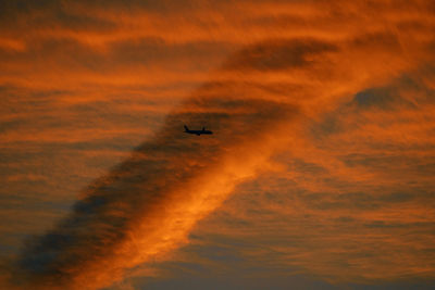 Low angle view of silhouette airplane against orange sky