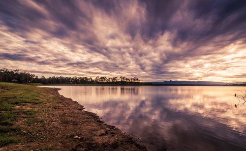 Scenic view of lake against sky at sunset