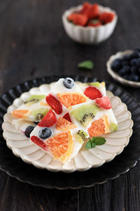 High angle view of dessert in plate on table