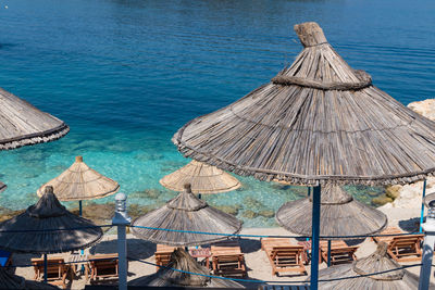 High angle view of parasols on beach