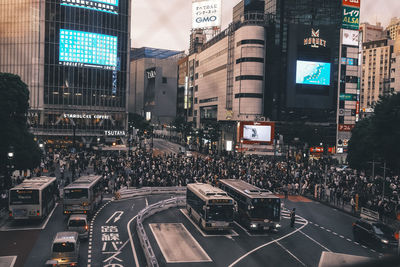 High angle view of city street at night