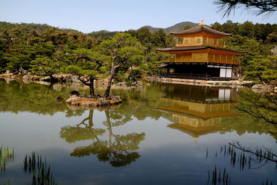 Scenic view of lake by building against sky