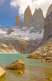 Torres del paine above a glacial lake in chile