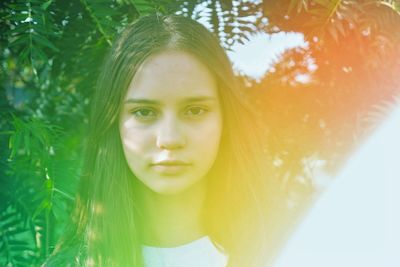 Portrait of beautiful woman standing against tree during sunny day