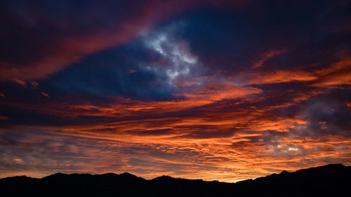 Low angle view of silhouette mountains against dramatic sky