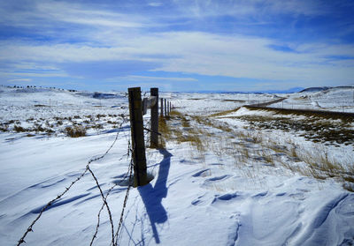 Snow covered landscape against sky