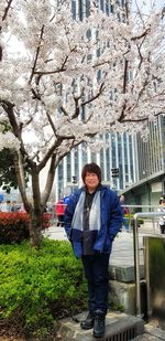 Portrait of man standing by cherry tree