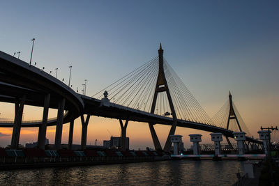 Suspension bridge over river against sky during sunset