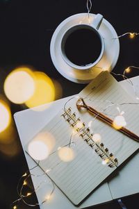 High angle view of coffee cup on table