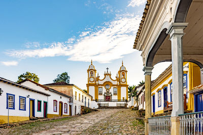 Old and historic street with colonial houses and baroque church at tiradentes city