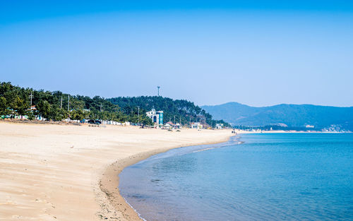 Scenic view of beach against clear blue sky