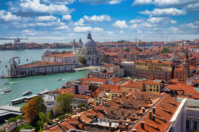 Aerial view of basilica of santa maria della salute against blue sky, located at punta della dogana