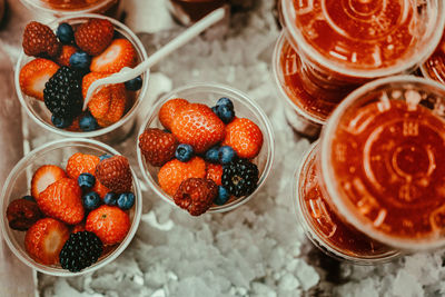 High angle view of strawberries in bowl