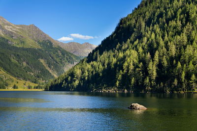 Scenic view of lake by mountains against sky