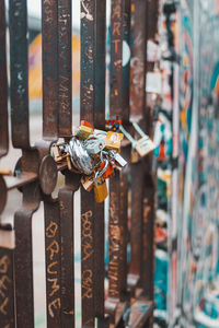 Close-up of padlocks on metal fence