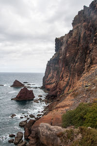 Scenic view of rock formation and sea against sky