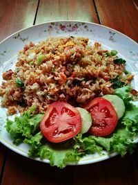 High angle view of salad in plate on table