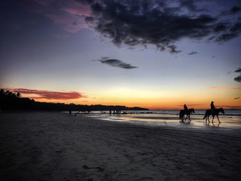 Silhouette people on beach against sky during sunset