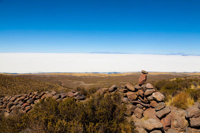 Scenic view of landscape against clear blue sky