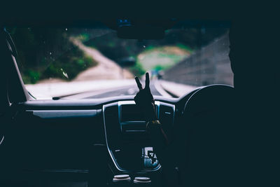Cropped image of person showing peace sign in car