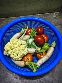 High angle view of fruits and vegetables in container