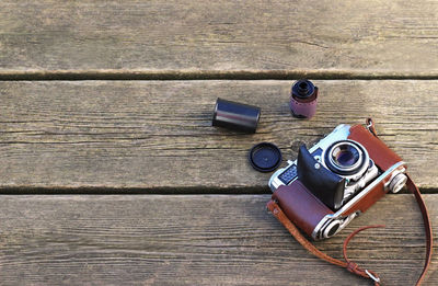 High angle view of camera on table