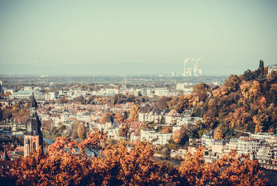 High angle view of buildings against clear sky