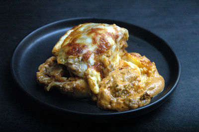 High angle view of lasagna served on table