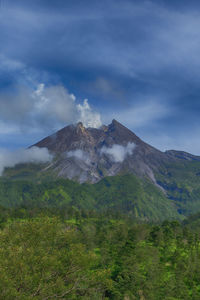 Low angle view of volcanic mountain against sky