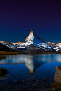 Scenic view of lake and snowcapped mountains against clear blue sky