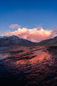 Sunset at diamond lagoon in andes mountains range in mendoza argentina 