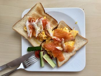 High angle view of breakfast in plate on table