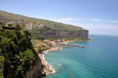 Scenic view of sea and mountains against sky