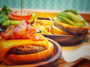 Close-up of sandwich served in plate on table