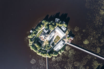 High angle view of illuminated buildings against sky