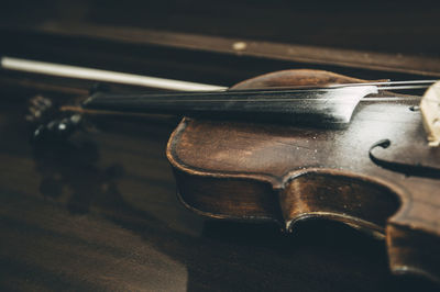 High angle view of violin on table