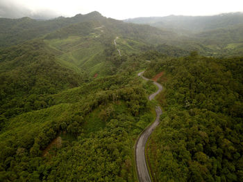 Countryside road passing through the lush green tropical rain forest mountain landscape